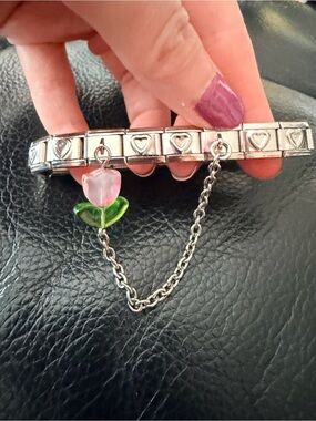 Silver Heart Italian Charm Bracelet with Pink Tulip & Chain Dangle – 18 Links